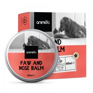 Foto van de verpakking van poot en neusbalsem van Animigo voor de droge neus van je hond of kat
