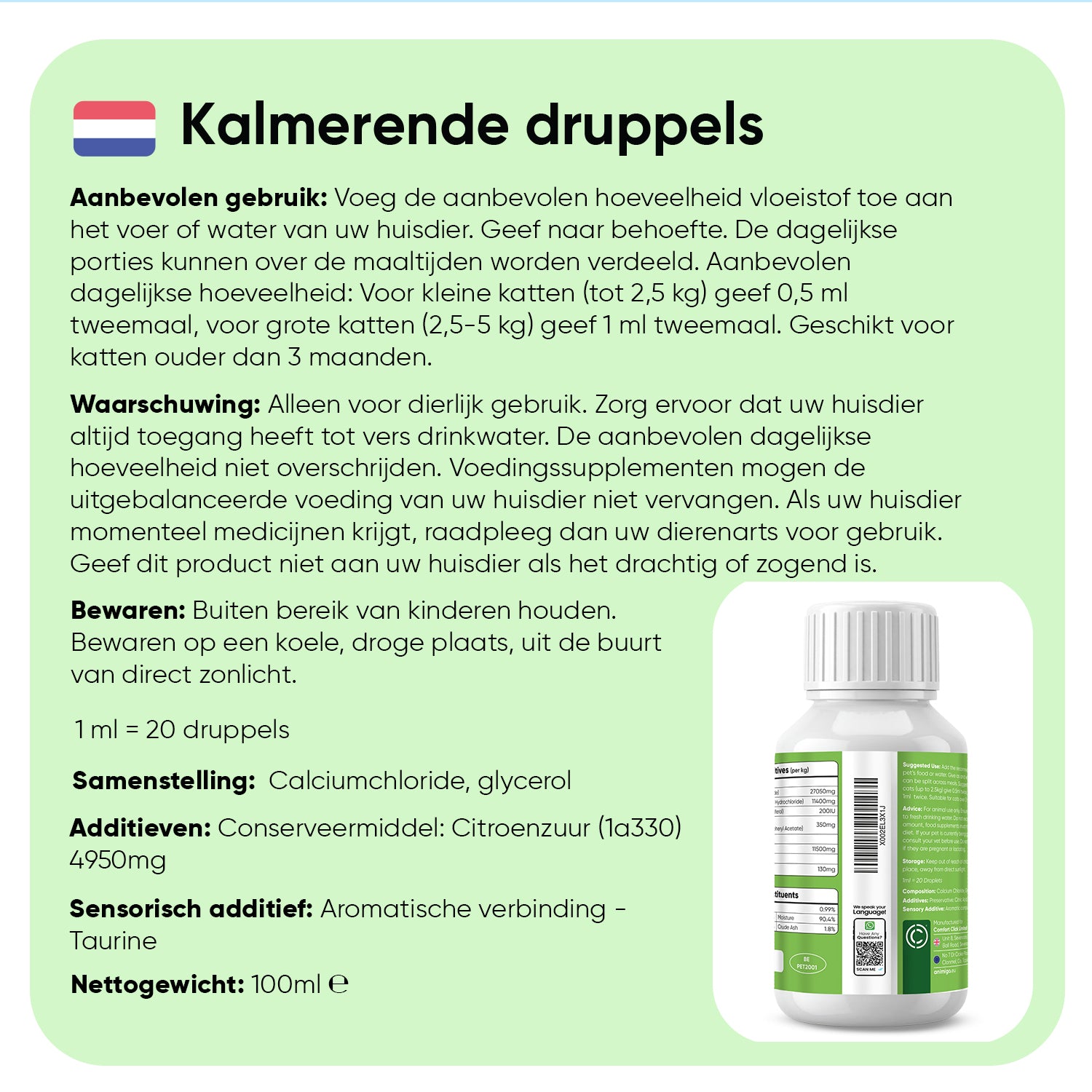 Animigo Kalmerende Druppels voor Katten 100 ml