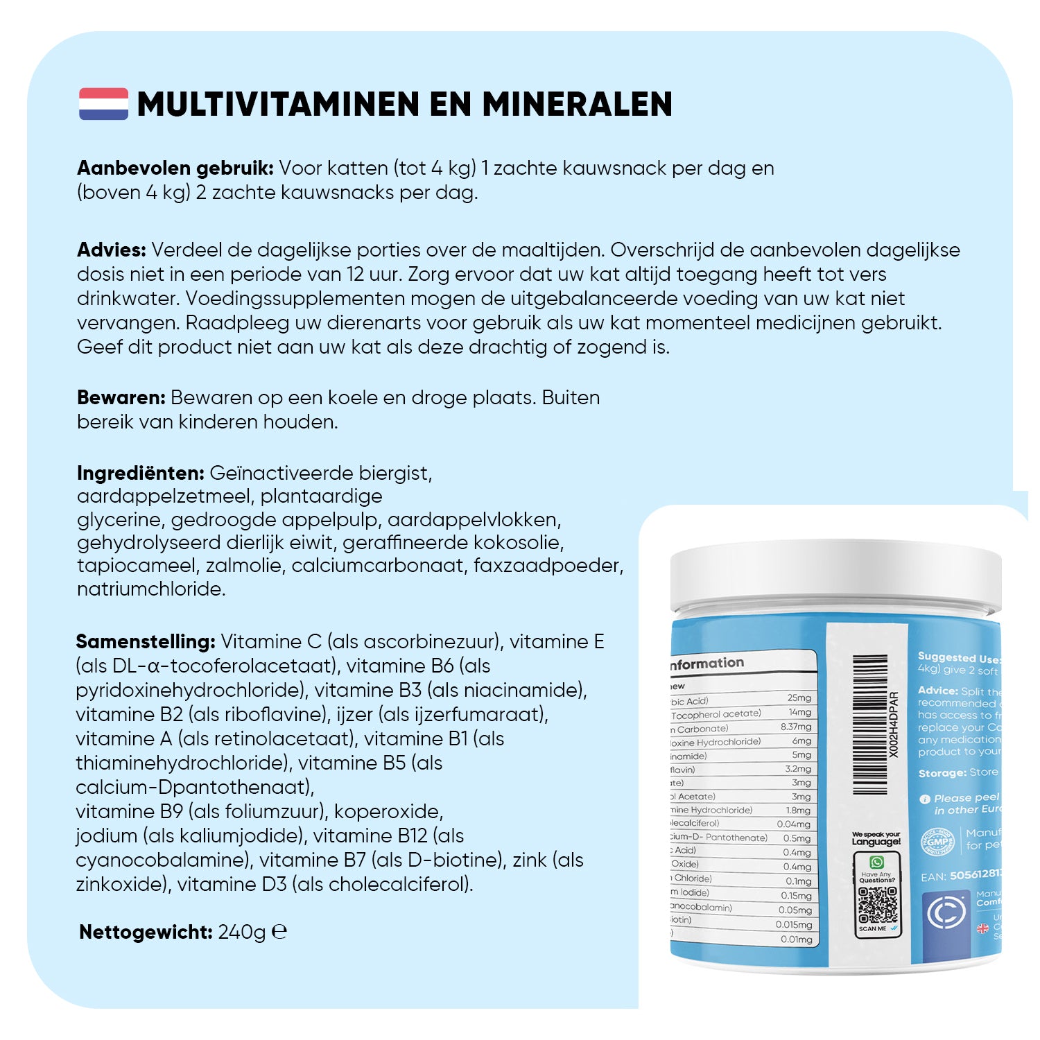 Multivitamine met mineralen voor katten, 120 zachte kauwtabletten